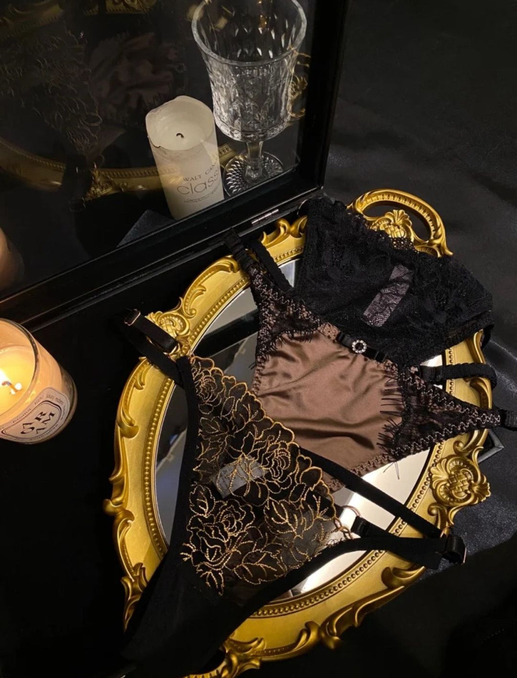 Black & Gold Embroidered Thong – Luxury Floral