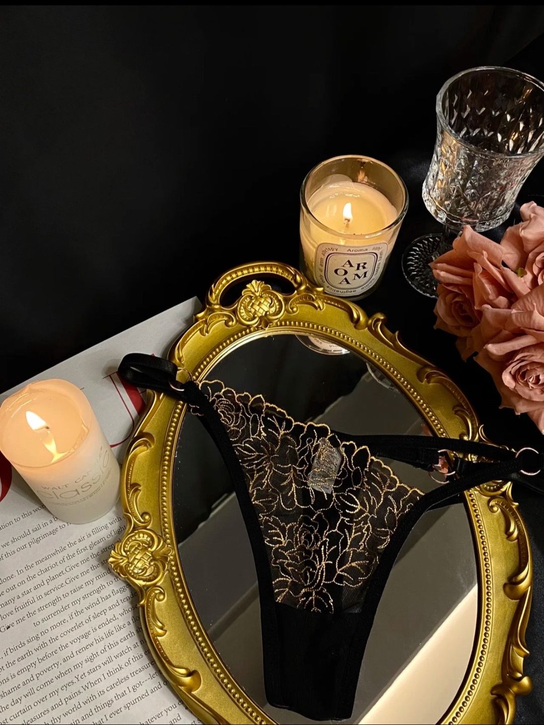 Black & Gold Embroidered Thong – Luxury Floral