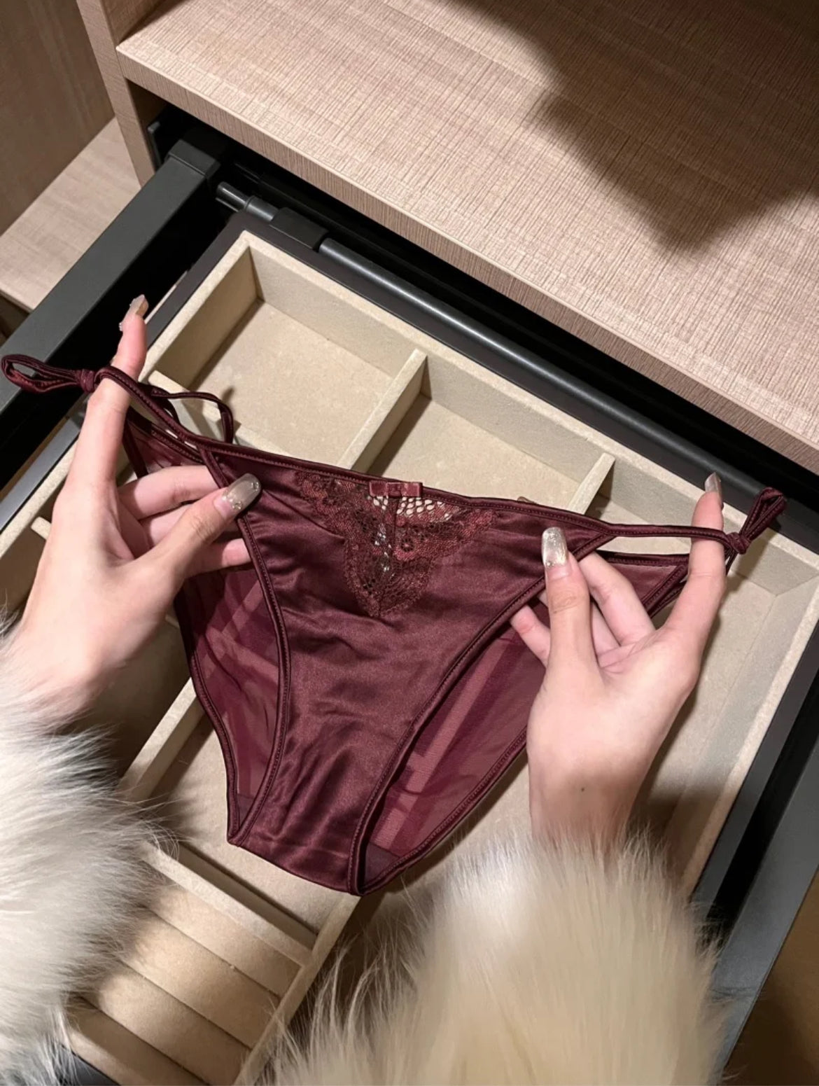 Wine Red Satin Lace Panties – Sexy Low-Rise