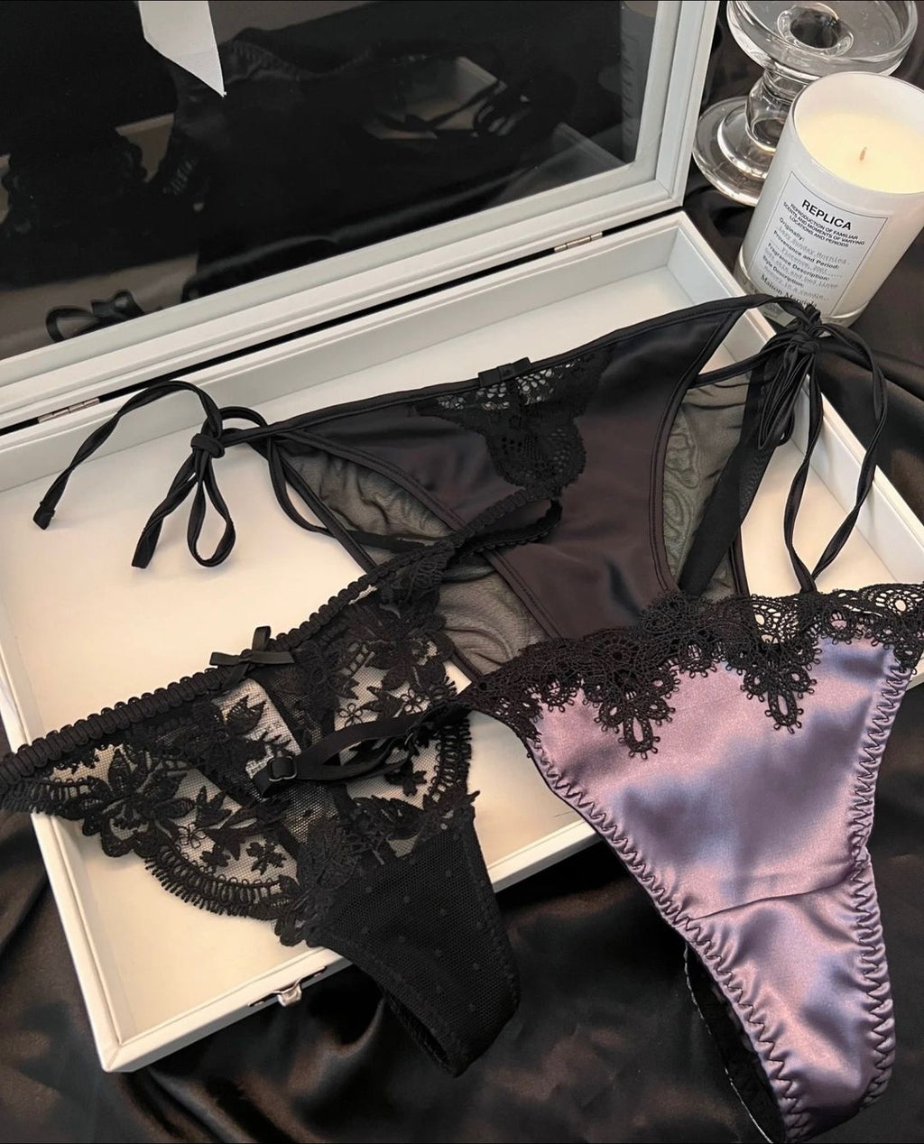 Wine Red Lace Thong – Elegant Satin & Floral Lace Underwear