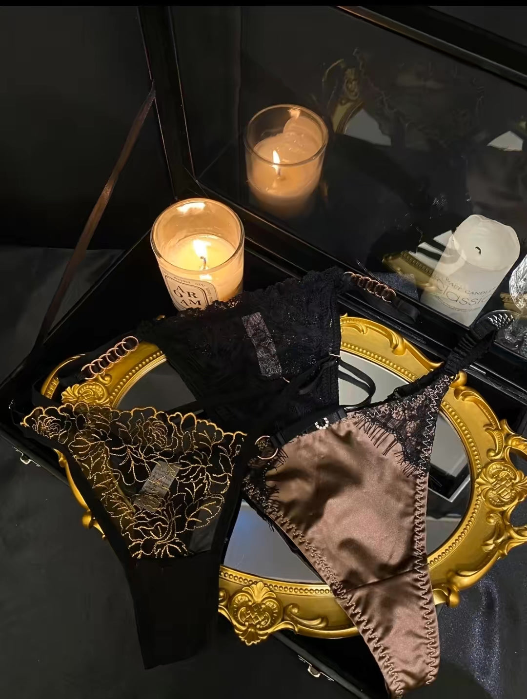 Black & Gold Embroidered Thong – Luxury Floral