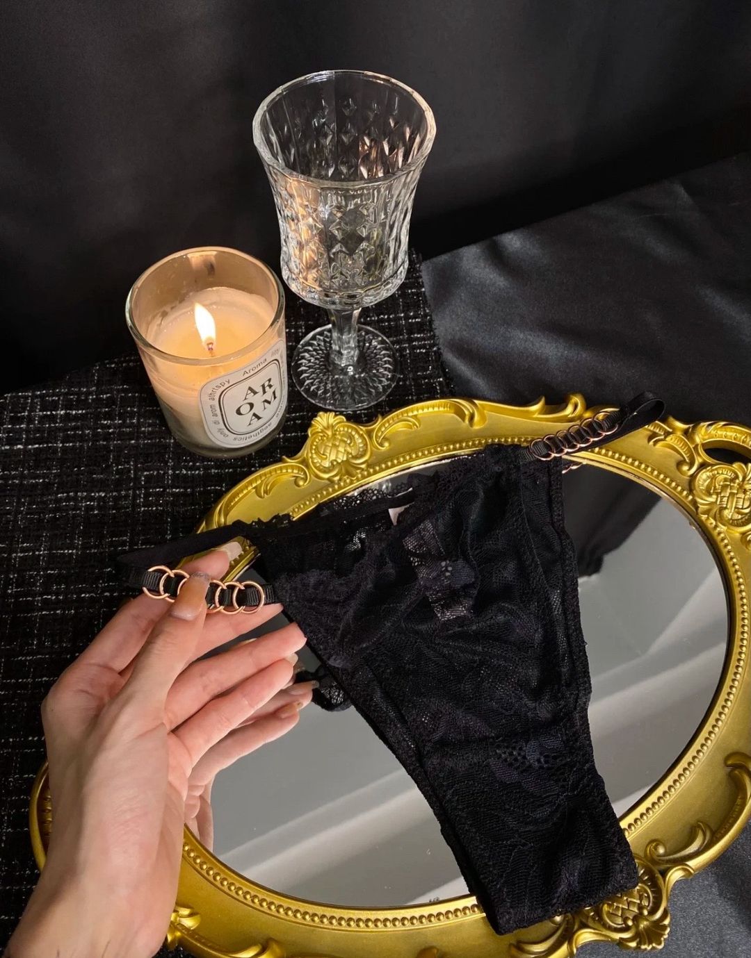 Black & Gold Embroidered Thong – Luxury Floral