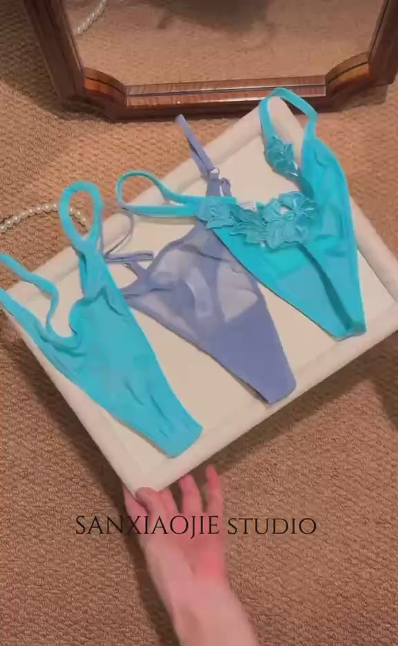 Blue Lace Thong Set