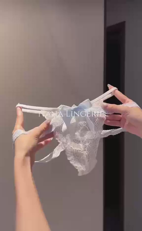 White Bow Lace Thong – Delicate Floral Lace Lingerie with Blue Ribbon